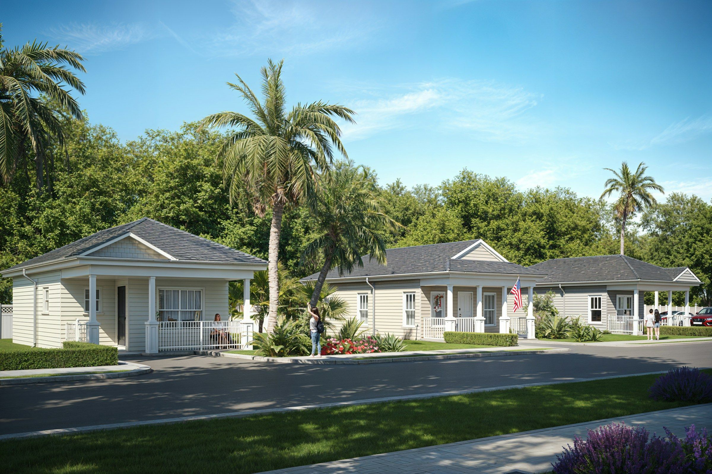 Single-story Florida homes with palm trees along a quiet street